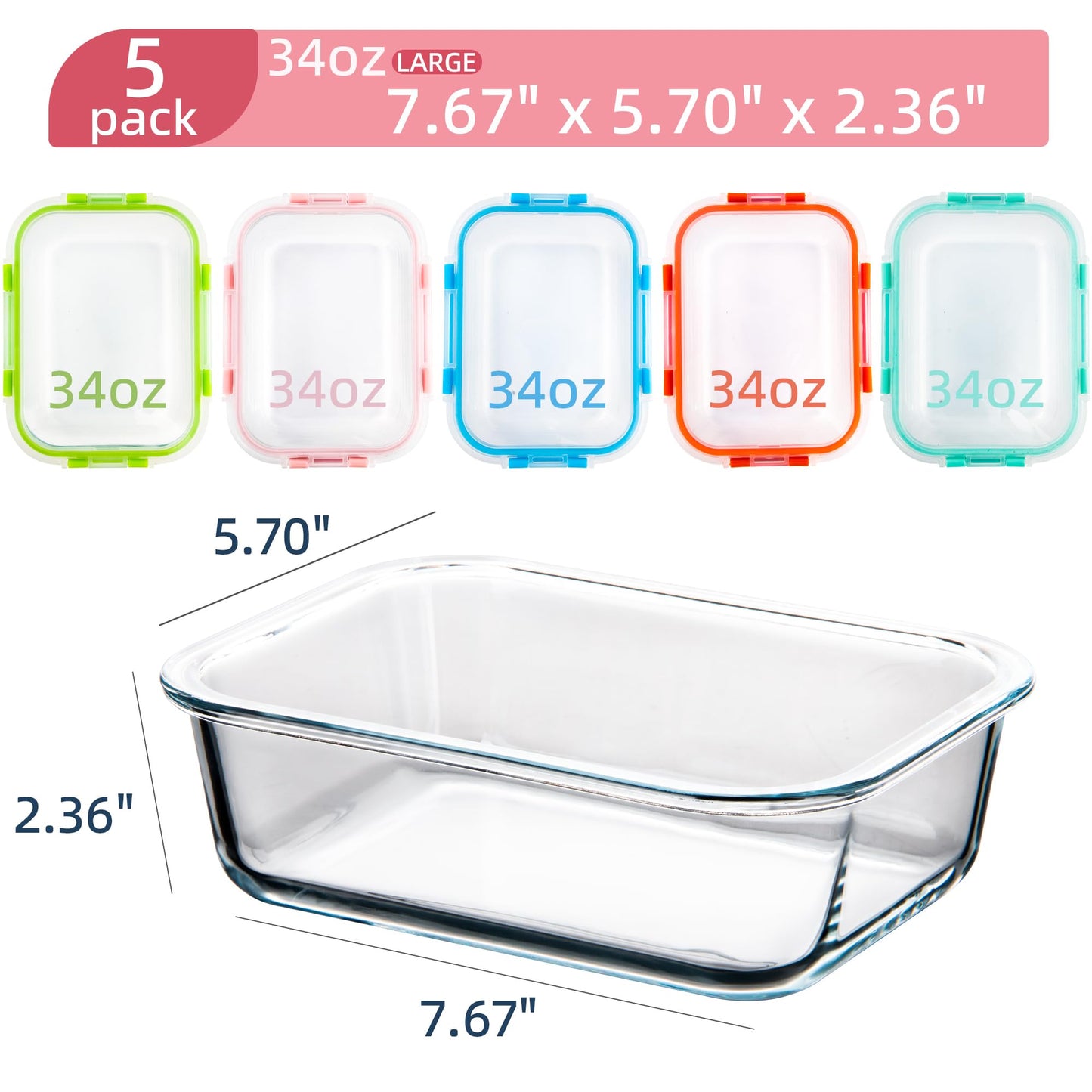 CZUMJJ Glass Meal Prep Containers with Lids(5 Pack, 34oz), Glass Food Storage Containers for Lunch at Work, Leak-proof Food Containers, Microwave/Dishwasher Safe