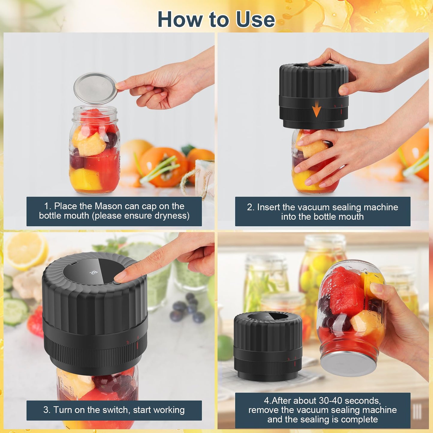Electric Mason Jar Vacuum Sealer for Cannning&Food Storage,Led Display,All-in-One Mason Jars Vacuum Sealer Kit for Wide Mouth&Regular Mouth Jars,Cordless Vacuum Sealer for Kitchen Supplies-8 Jar Lids