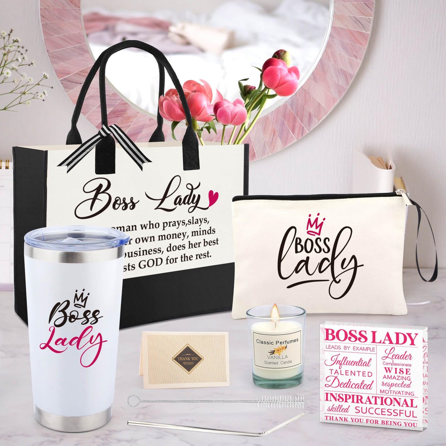 Boss Day Gifts for Women, Boss Lady Gifts for Women Manager Leader, Thank You Gifts for Female Boss, Valentines Day Birthday Gifts for Women, Appreciation Gifts Cool Gifts for Her Mug Canvas Tote Bag