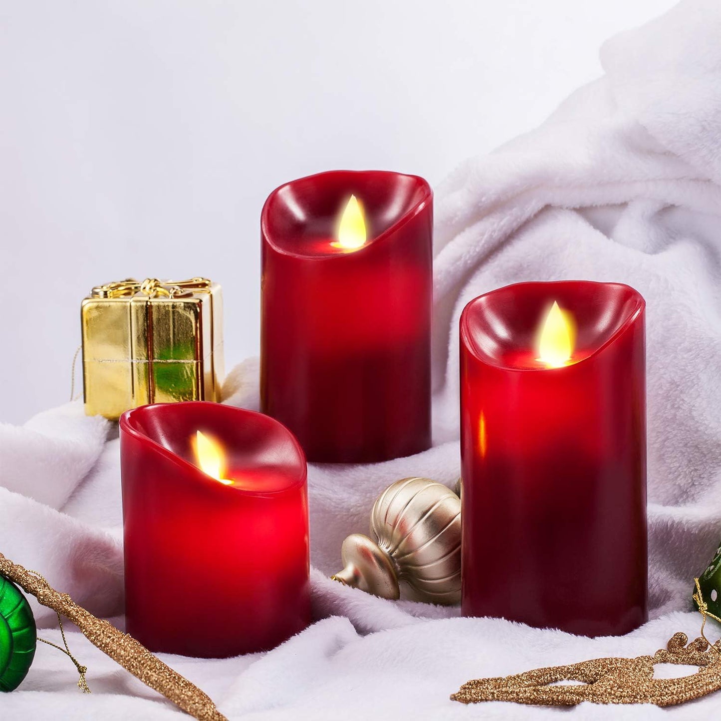 Flameless LED Drip-Less Wax Pillar Candles Set of 3 - Realistic Flickering Motion, Burgundy with Remote & 24-Hour Timer