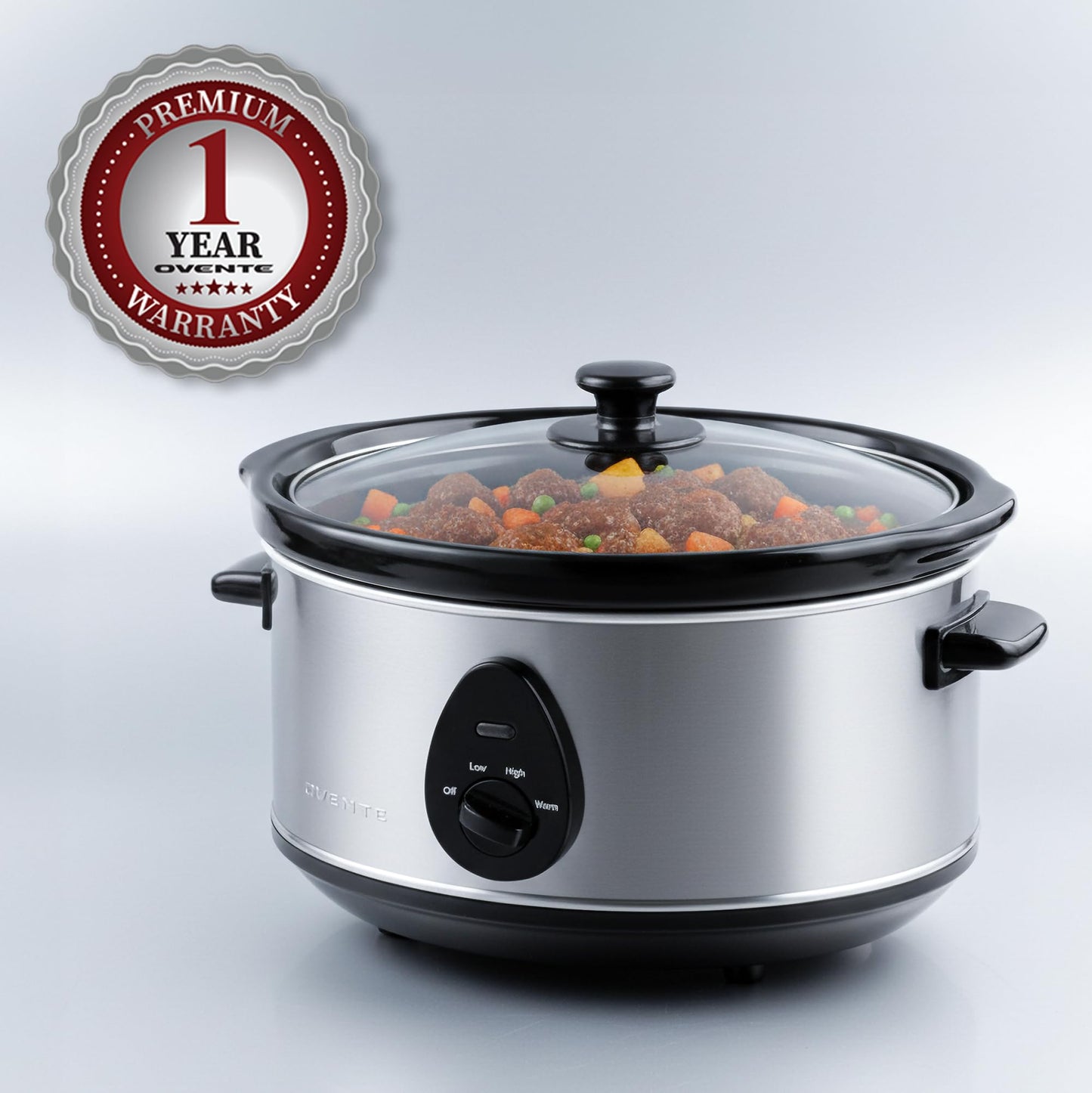 OVENTE Electric Slow Cooker with 3 Cooking Settings, Non-Stick and Dishwasher Safe Stoneware, Stainless Steel Body, Glass Lid, 3.7 Qt Oval Pot for Entrees, Soups, Sauces, Stews & Dips, Silver SLO35ABR