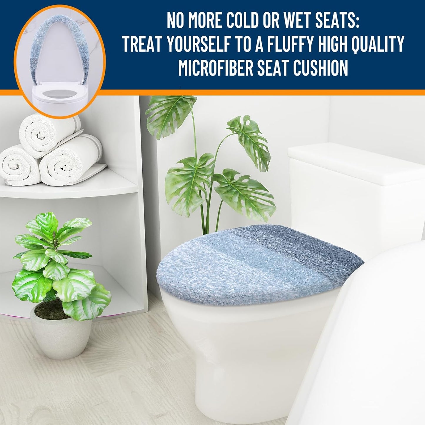 OLANLY Soft Microfiber Toilet Lid Cover - Machine Washable, Non-Slip Rubber Backing, Blue, 17.5x15