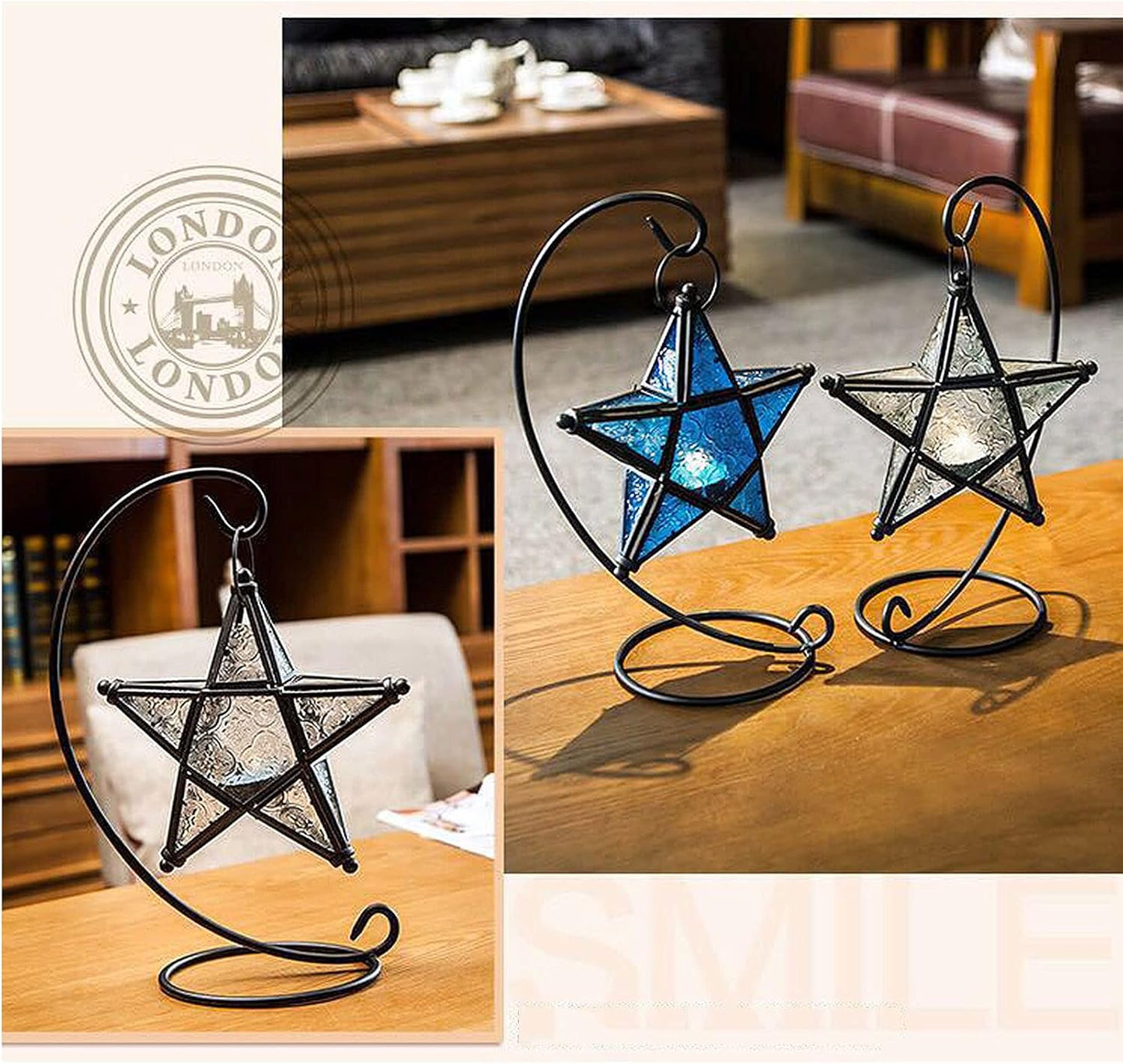 Purple Star Lantern Candle Holder - Decorative Hanging Glass Lantern for Home & Garden