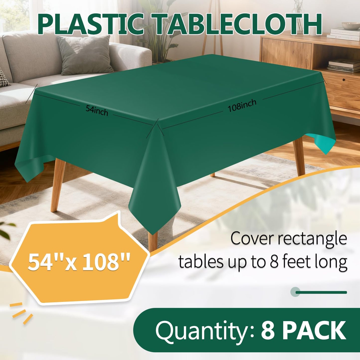 Kongdaoth Dark Green 8 Pack Plastic Tablecloth, Rectangle Tablecloths 54"x 108", Disposable Plastic Table Cover for Party Disposable Tablecloths