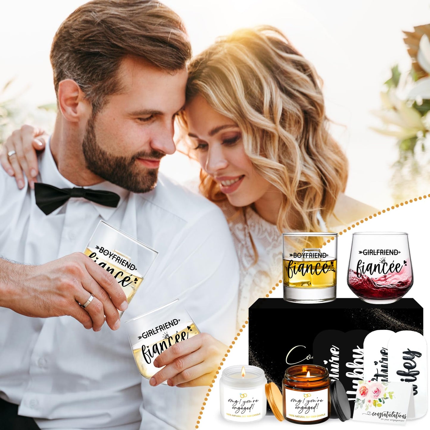 Engagement Gifts for Couples, Engagement Gifts for Newly Engaged Couples, Boyfriend & Girlfriend Wine and Whiskey Glass Set, Fiance Fiancee Gifts for Mr and Mrs, His and Hers, Newlywed Wedding Gifts