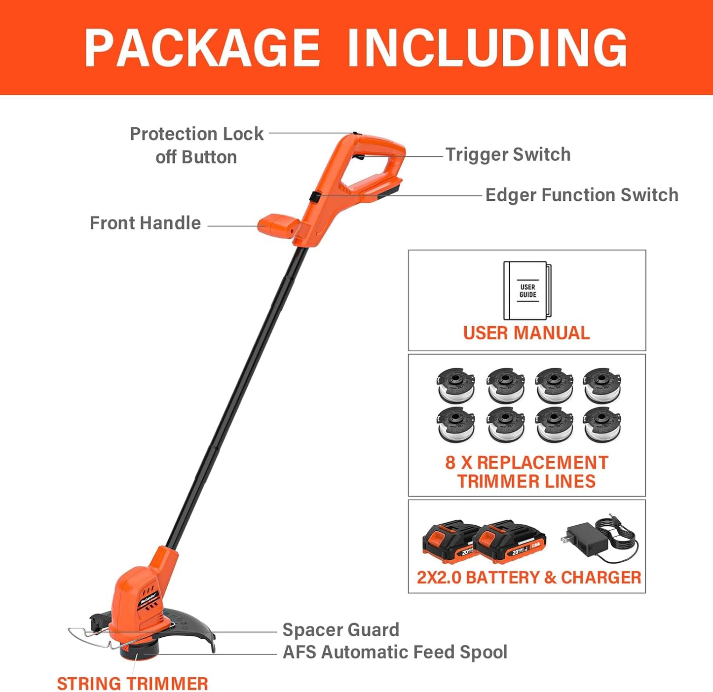MAXLANDER Cordless Weed Wacker - 20V 10-Inch Lightweight String Trimmer with 8 Spools & 2 Batteries