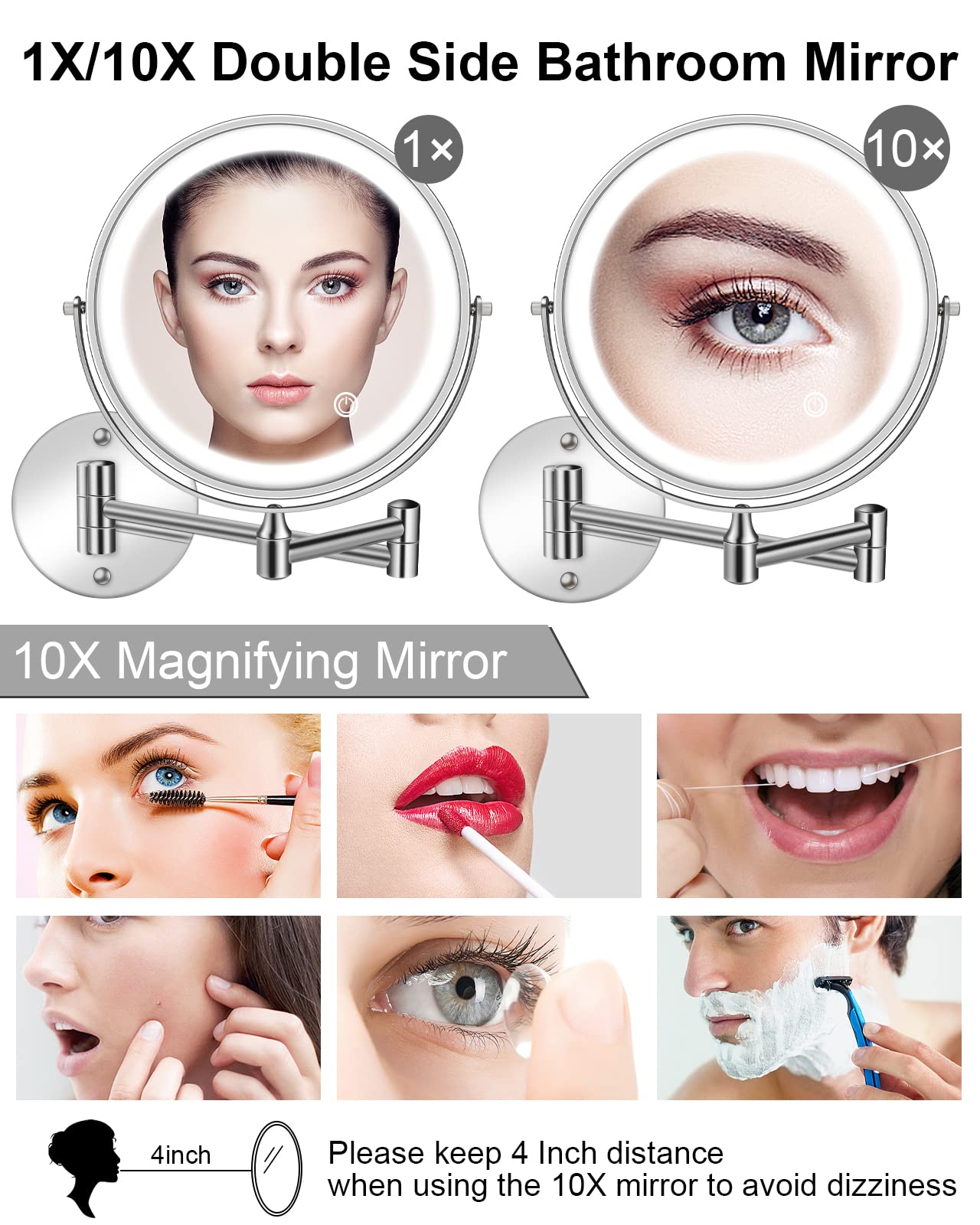 Rechargeable Lighted Wall Mounted Makeup Mirror, 8" Double-Sided 1X/10X Magnifying Bathroom Mirror with 3 Color Lighting, Touch Screen Dimmable 360°Swivel 13 Inch Extendable Chrome Vanity Mirror