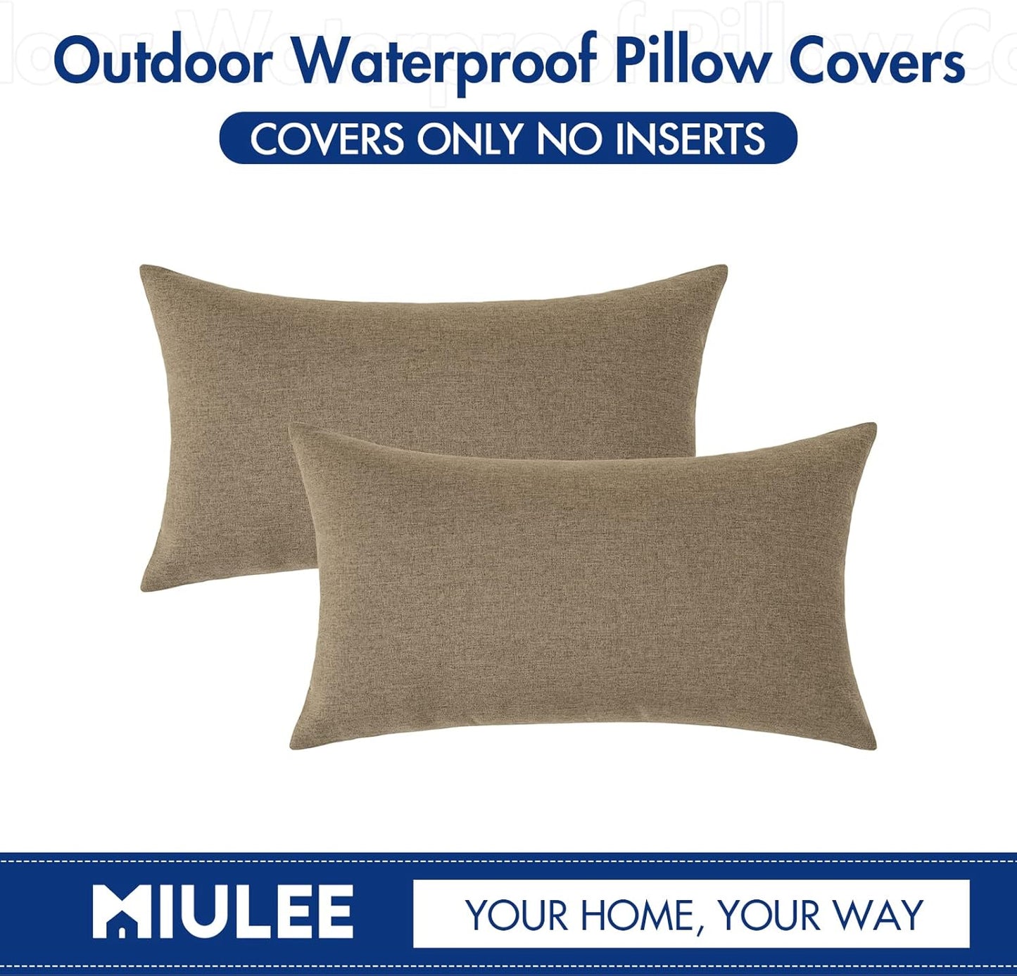 MIULEE Decorative Outdoor Throw Pillow Covers - Waterproof Faux Linen Cushion Cases | 20x12 Inch Khaki (Pack of 2)