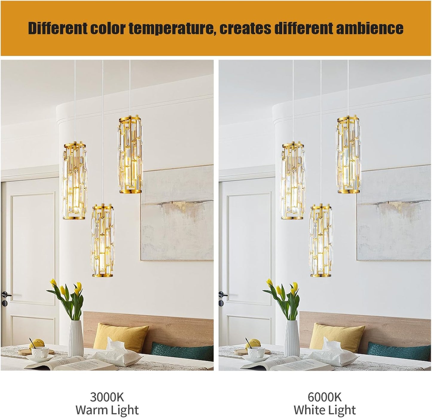 Pendant Lights Modern Pendant Lights Kitchen Island Gold Pendant Light Fixture Mini Crystal Chandelier Lighting for Kitchen Island Dinning Room Bedroom Sink (Gold 3-Light)