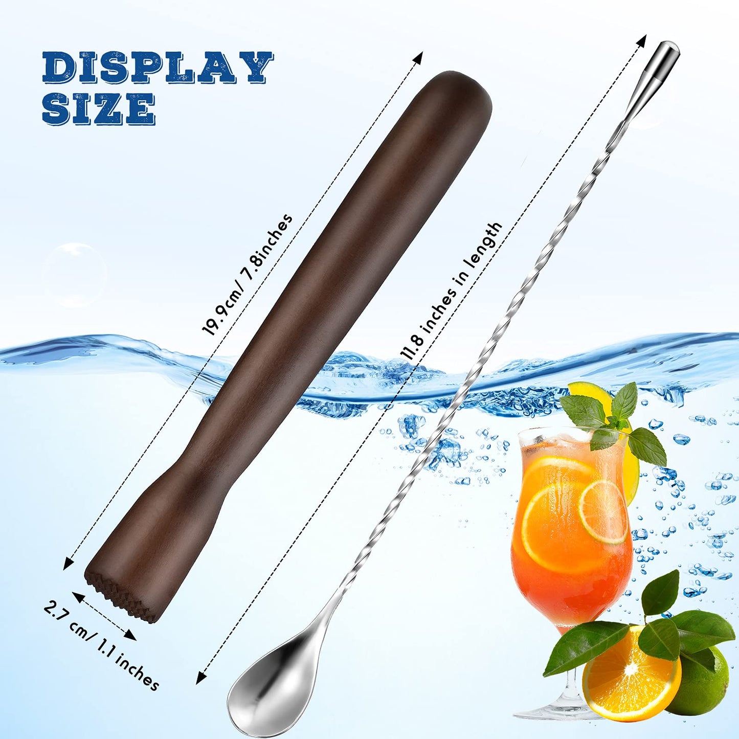 Patelai Wooden Cocktail Drinks Muddler Bar Muddler and 12 Inches Bar Spoon Stainless Steel Shaker Spiral Mixing Spoon for Making Cocktails Mojito Lemonade Drinks Juice