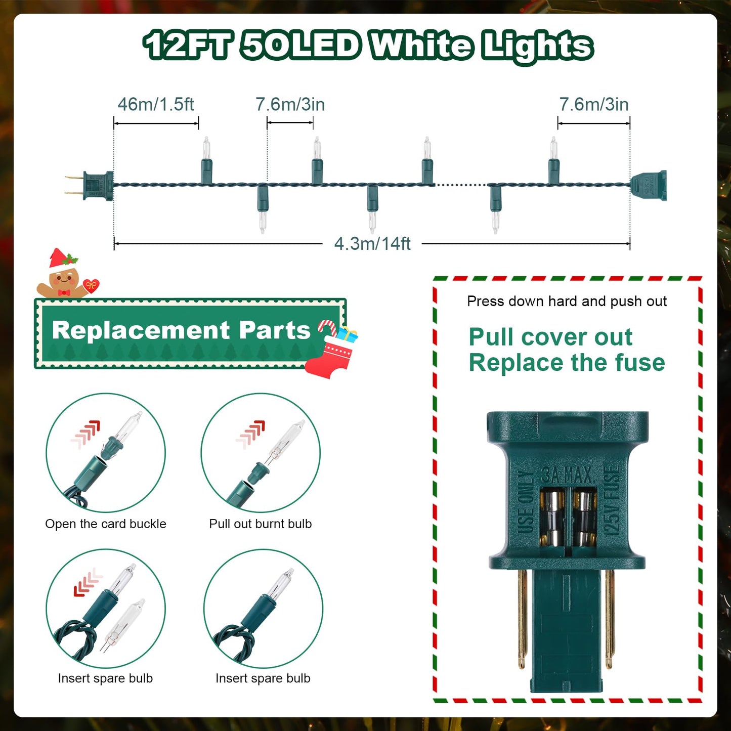 Meteds Christmas Lights 50 Count Clear Mini Lights Green Wire UL Certified Connectable Warm White String Lights for Christmas Decor (50 Count 13FT)
