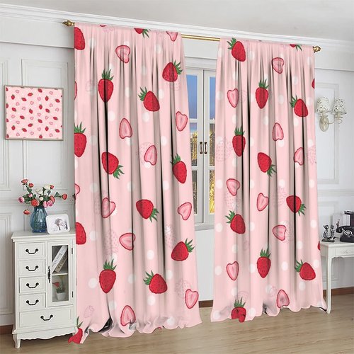 INSFBRB Pink Red Strawberry Rod Pocket Blackout Curtains for Living Room,Insulated Girls Cartoon Cute Fruit Strawberry Print Bedroom Curtains,2 Panels 45L x 21W