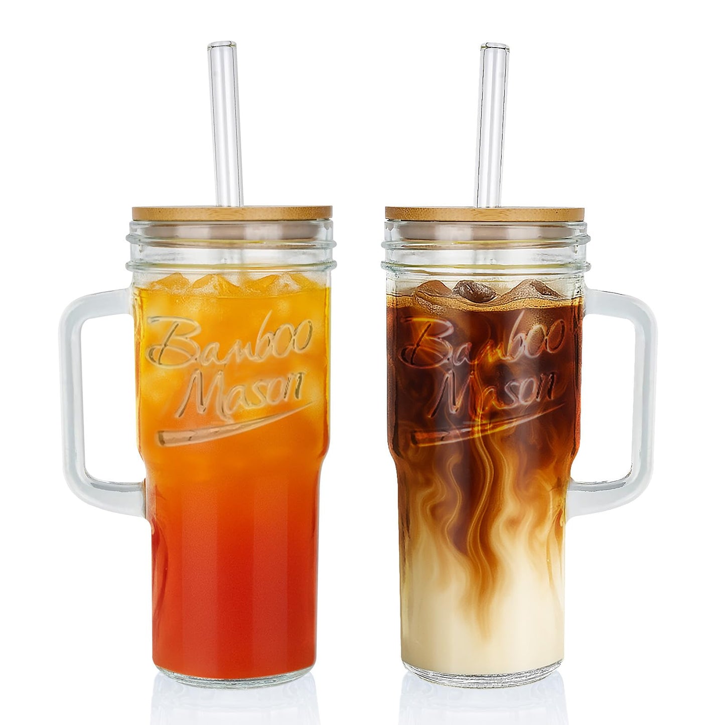 ANOTION Glass Cups with Lids and Straws - 24oz Tumbler with Handle Coffee Cups Glass Straws Glasses Mason Jar Cups Drinking Set Kitchen Essentials Coffee Bar Accessories House Warming Gifts New Home