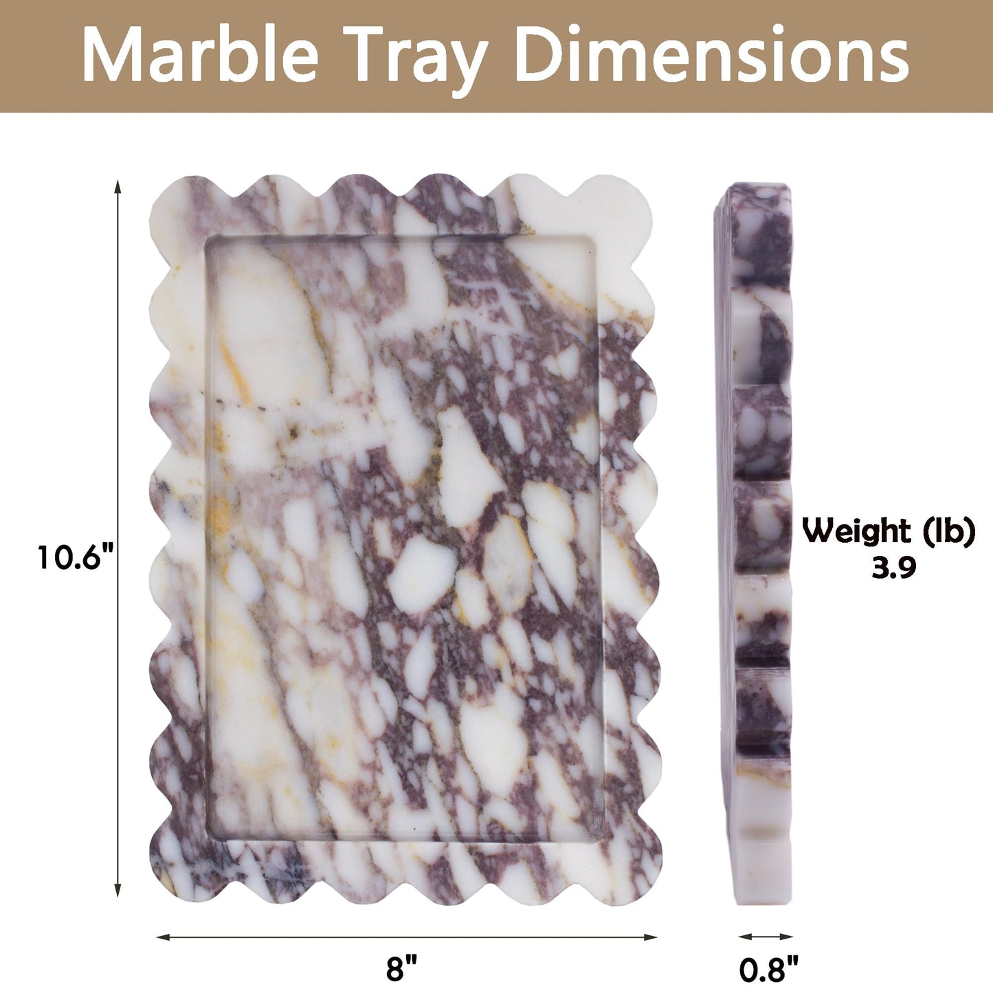 YMXYJM Genuine Scalloped Marble Tray, Real Natural Marble Stone Tray, Luxury Decorative Trays for Bathroom, Dresser, Vanity, Kitchen, Home Decor, 10.6" x 8", Calacatta Gray