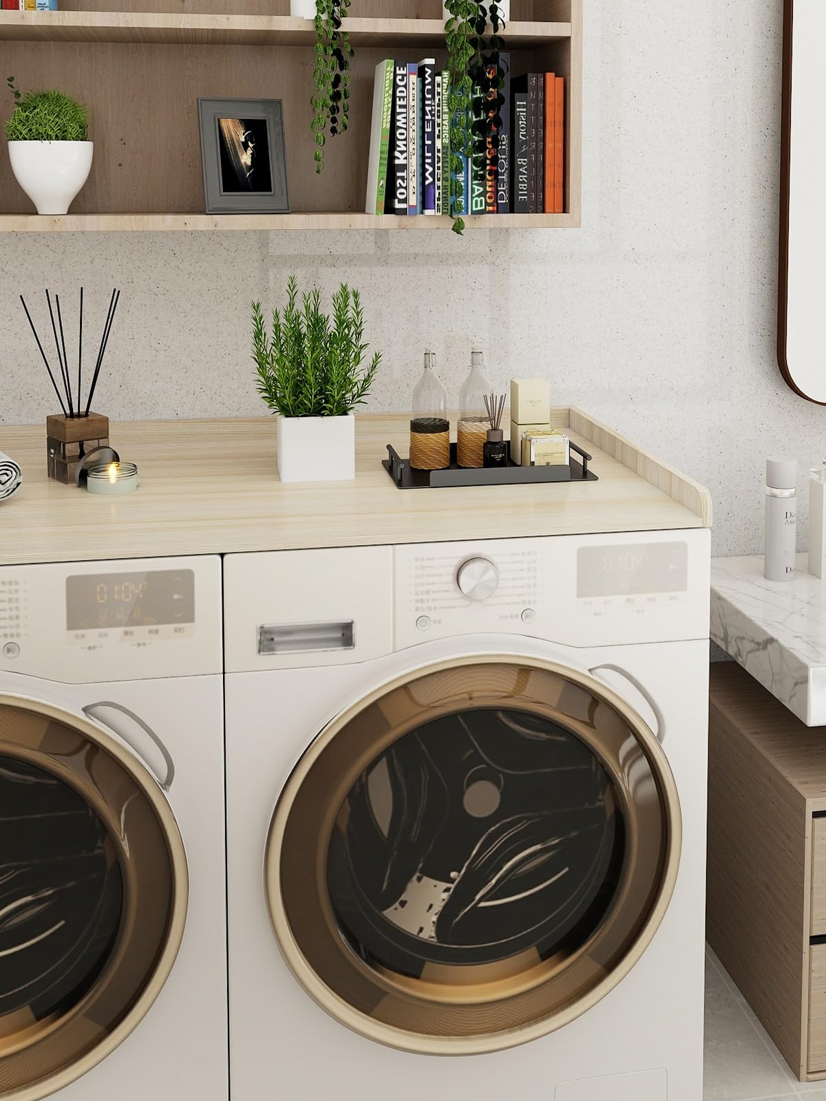 Toemics Washer Dryer Countertop, 27.5" x 54" Laundry Room Organization Shelf with Edge Rails for Washer and Dryer, Durable Melamine Finish, Non-Slip Pads, and 3 Laundry Bags, Oak