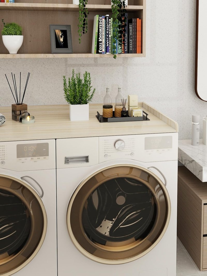 Toemics Washer Dryer Countertop, 27.5" x 54" Laundry Room Organization Shelf with Edge Rails for Washer and Dryer, Durable Melamine Finish, Non-Slip Pads, and 3 Laundry Bags, Oak
