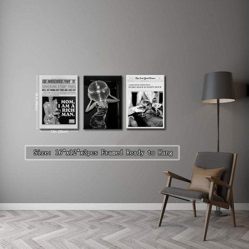 Disco Ball Tequila Fashion Poster Prints | Black and White Canvas Wall Art Set of 3 - Framed 12x16'' for Home Decor
