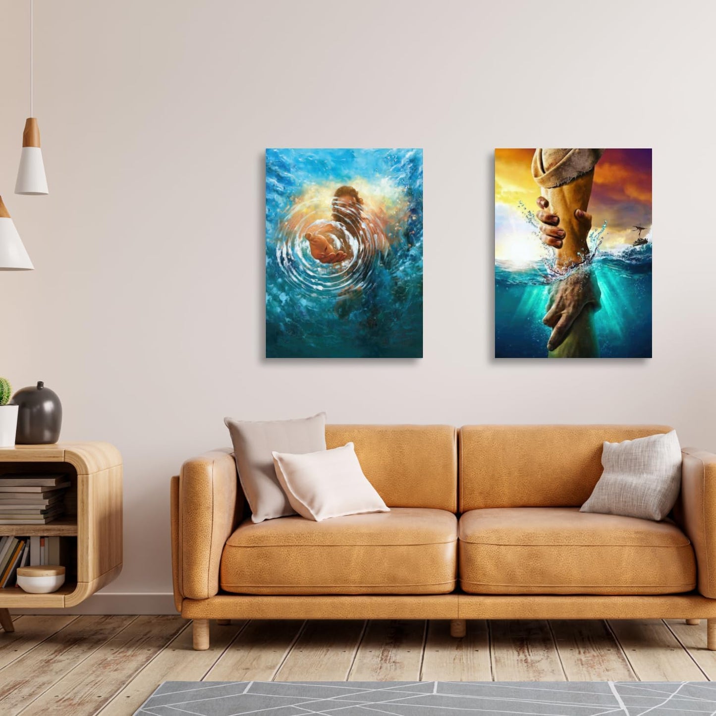 2 Pcs Framed Jesus Wall Art, The Hand of God Jesus Reaching Into Water Poster Prints, Christian Christmas Gifts, Bible Blue Ocean Wrapped Canvas Painting for Church Prayer Room Hospitals 16"x24"