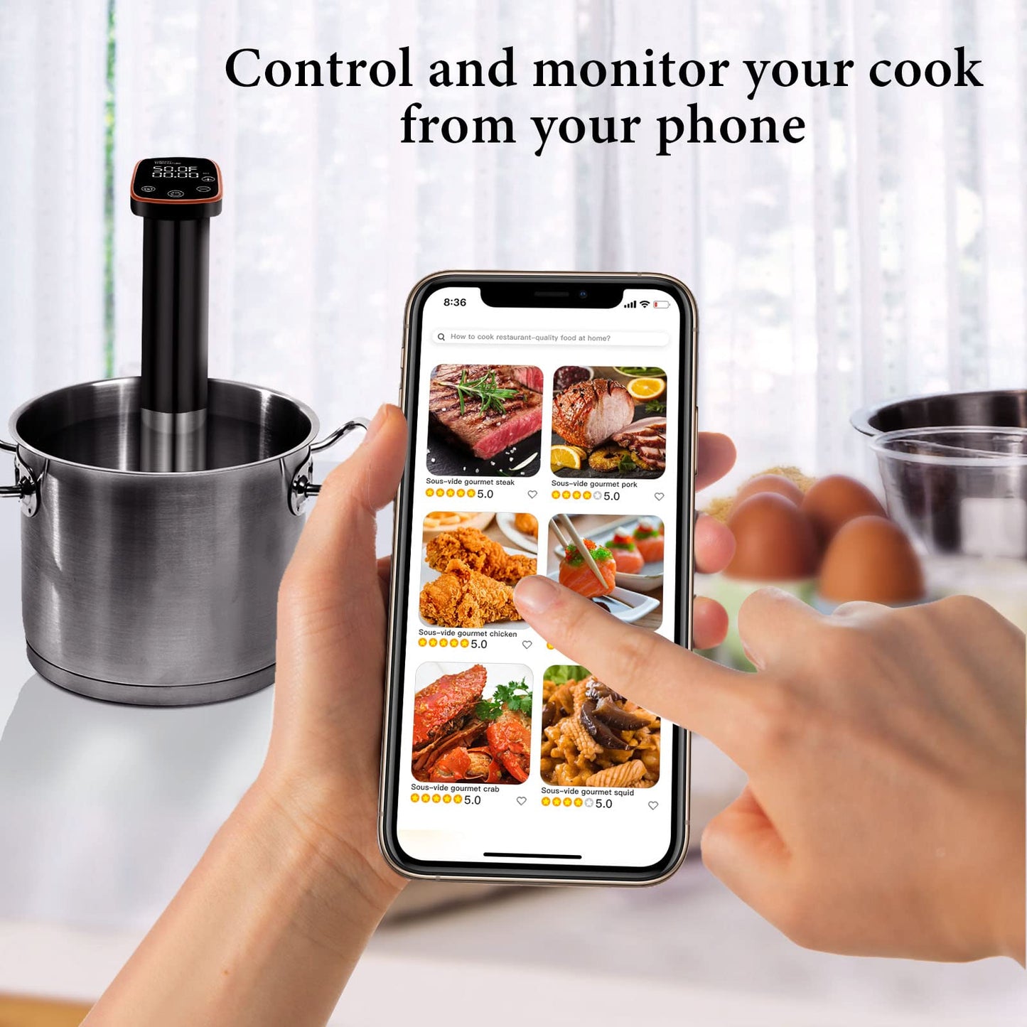 Sous Vide Machine, WiFi APP Recipes Included, Sous Vide Cooker 1100W, Immersion Circulator Precisional Cooker with Accurate Temperature, Ultra Quiet, IPX7 Waterproof, Fast Heating and Time Control