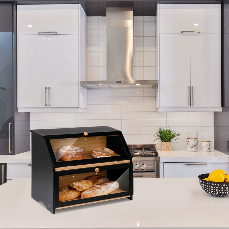 HOMEKOKO Double Layer Large Bread Box for Kitchen Counter, Wooden Large Capacity Bread Storage Bin (Rustic White)