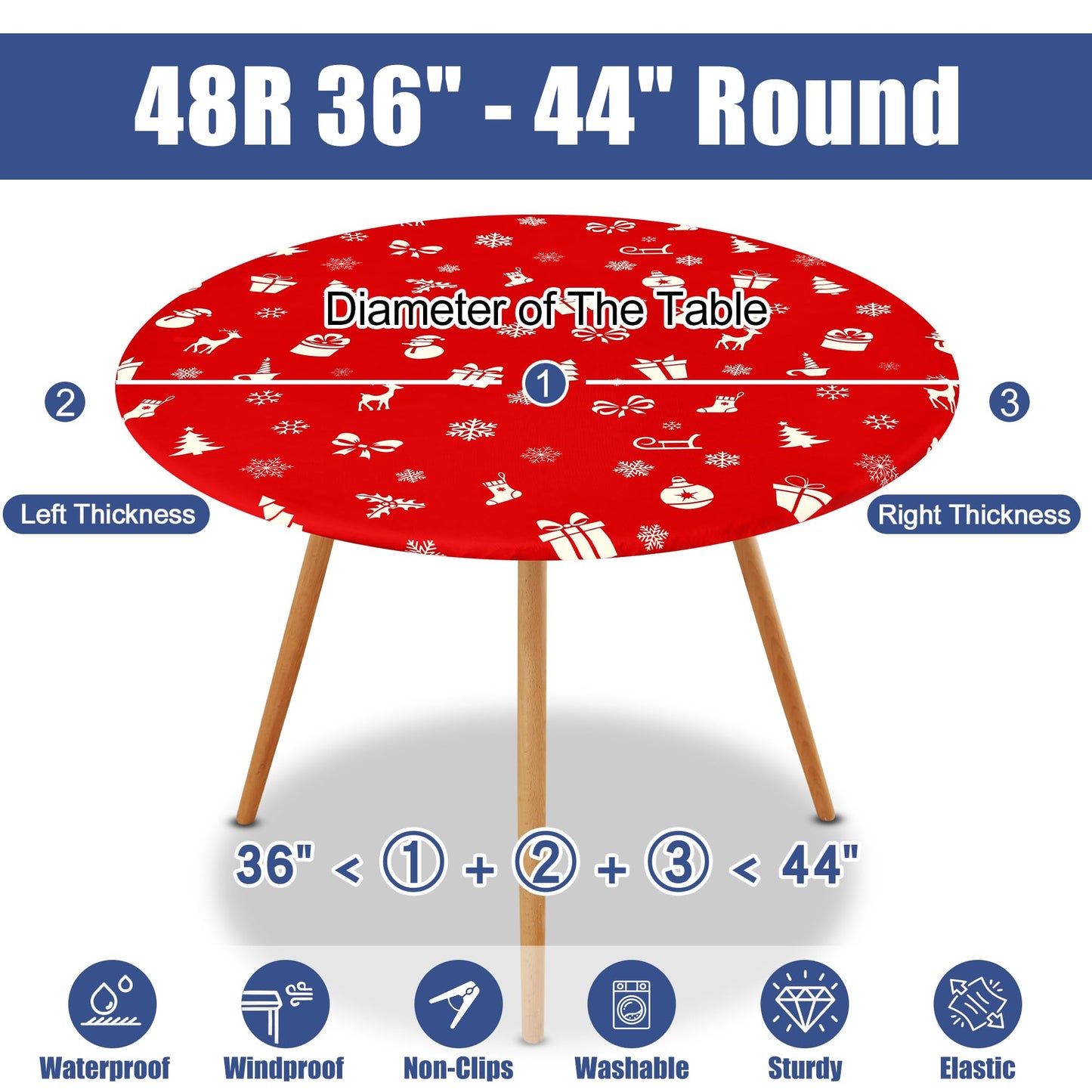 Moosfor Round Spandex Christmas Tablecloth, Elastic Fitted Waterproof Tablecloths for 45"-56" Tables, Stretch Washable Picnic Table Cover for Christmas Dinner, Box Snowflake