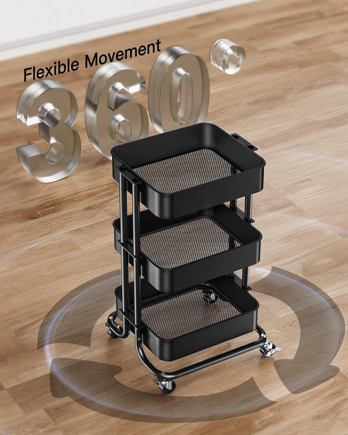 Pipishell 3-Tier Metal Rolling Utility Cart - Heavy-Duty Storage with Lockable Wheels | Black