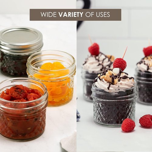 Ball Wide Mouth Quilted Crystal Jelly Jars with Lids and Bands, Used for Canning, Pickling, Juice, Jam, Jelly, Quarter Pint Size (4 Ounce (Pack of 6))