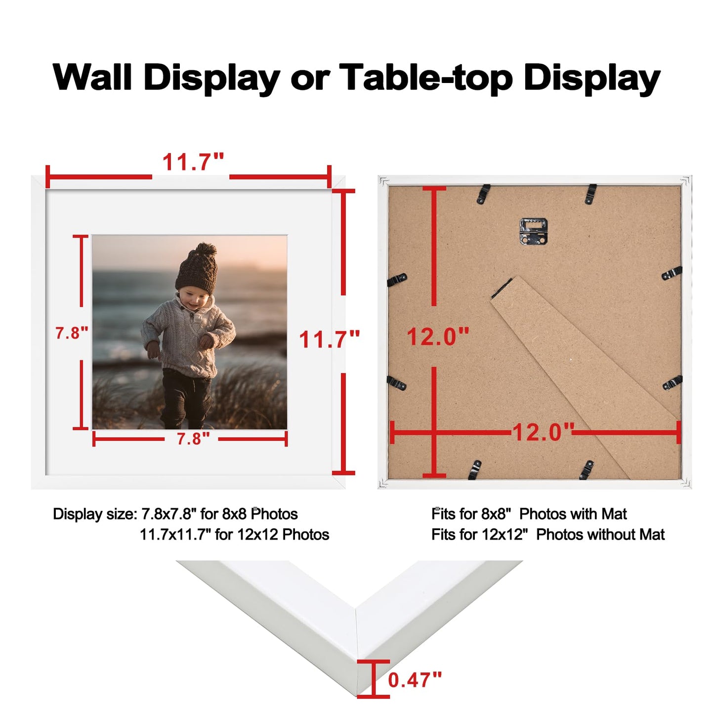 KINLINK 12x12 Picture Frames White, Square Photo Frames with Plexiglass for Picture 8x8 with Mat or 12x12 without Mat, Composite Wood Picture Frames for Top and Wall Mounting, Set of 4