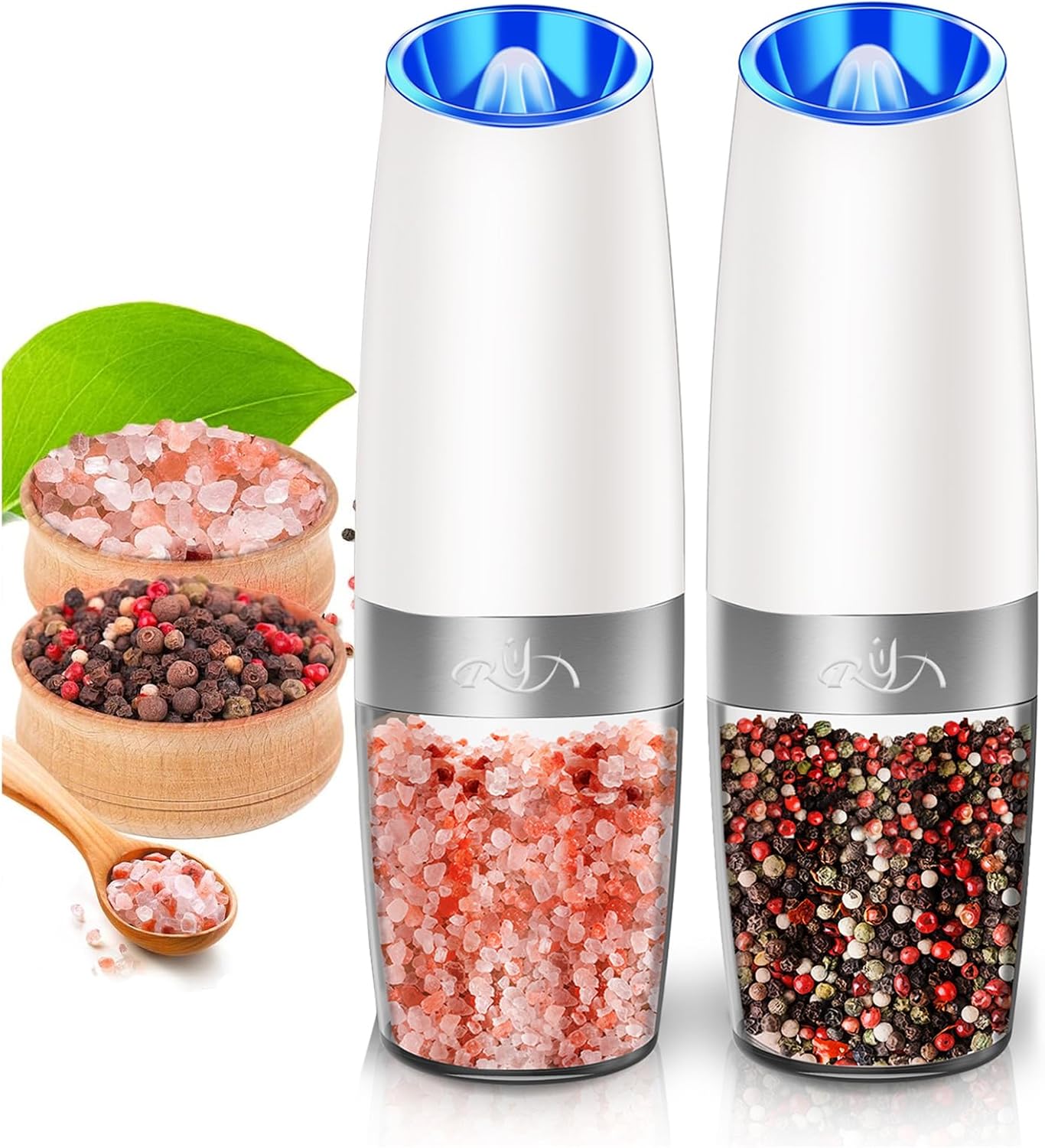 Rongyuxuan Electric Pepper and Salt Mill Set - Automatic Grinder with Blue LED Light, Adjustable Coarseness