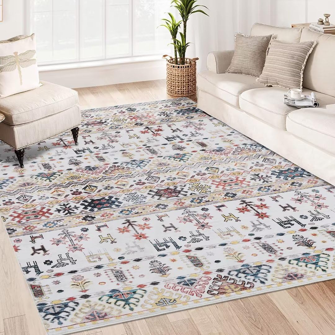 GlowSol GAOMON Area Rug 8x10 Washable Rug for Living Room Distressed Boho Rug Non Slip Non Shedding Indoor Rug Lightweight Foldable Rug for Living Room Bedroom, Yellow/Grey
