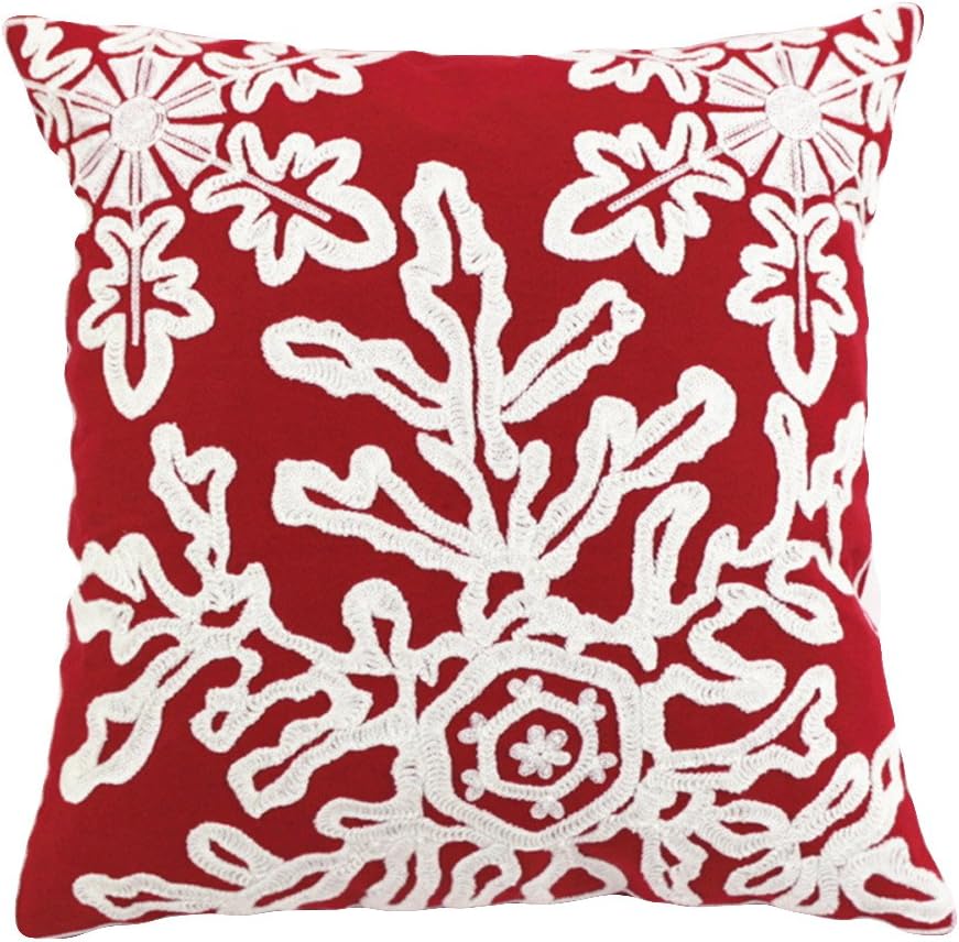 Christmas Pillow Cover 18x18 - Embroidered Sleigh & Snowflakes - Winter Decorative Cushion for Sofa & Bed