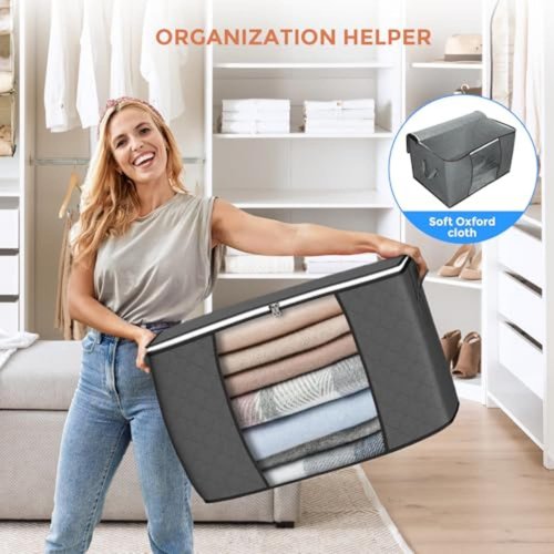 Budding Joy 90L Large Storage Bags - 10 Pack Foldable Closet Organizers with Reinforced Handles | Gray