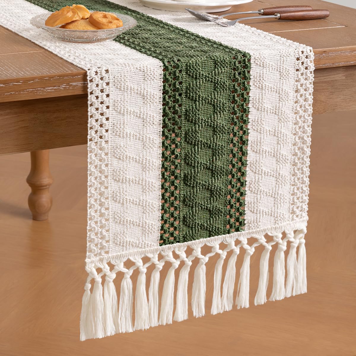 Socomi Boho Table Runner Summer Farmhouse Rustic Dining Kitchen Centerpiece Decor Small Macrame Woven Cotton Linen Coffee Table Runner for Dresser Scarf Home Decor 12x108 inch Olive Green