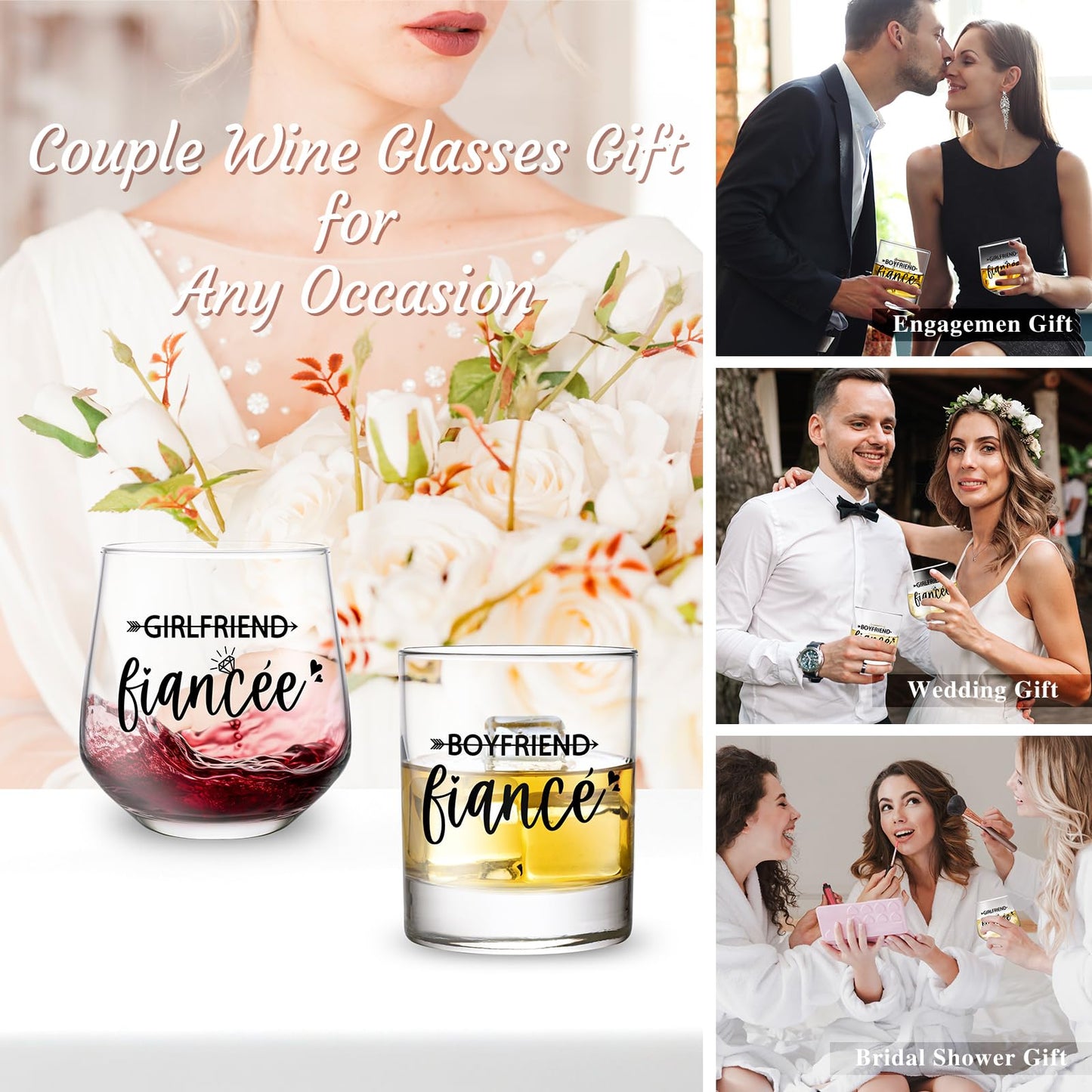 Engagement Gifts for Couples, Engagement Gifts for Newly Engaged Couples, Boyfriend & Girlfriend Wine and Whiskey Glass Set, Fiance Fiancee Gifts for Mr and Mrs, His and Hers, Newlywed Wedding Gifts