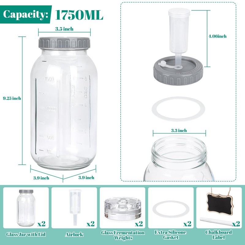 ROTESONNE 64oz Fermentation Jar Kit with Fermenting Weights and Airlock Lids, Wide Mouth Glass Jars with Scale Mark for Making and Storing Sauerkraut, Pickles (Pack of 2)