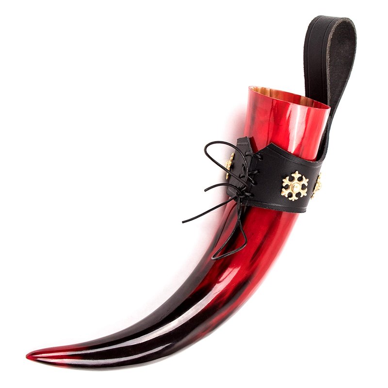Mythrojan THE RED WITCH Viking Drinking Horn with Black Leather holder Authentic Medieval Inspired Viking Wine/Mead Mug – Polished Finish