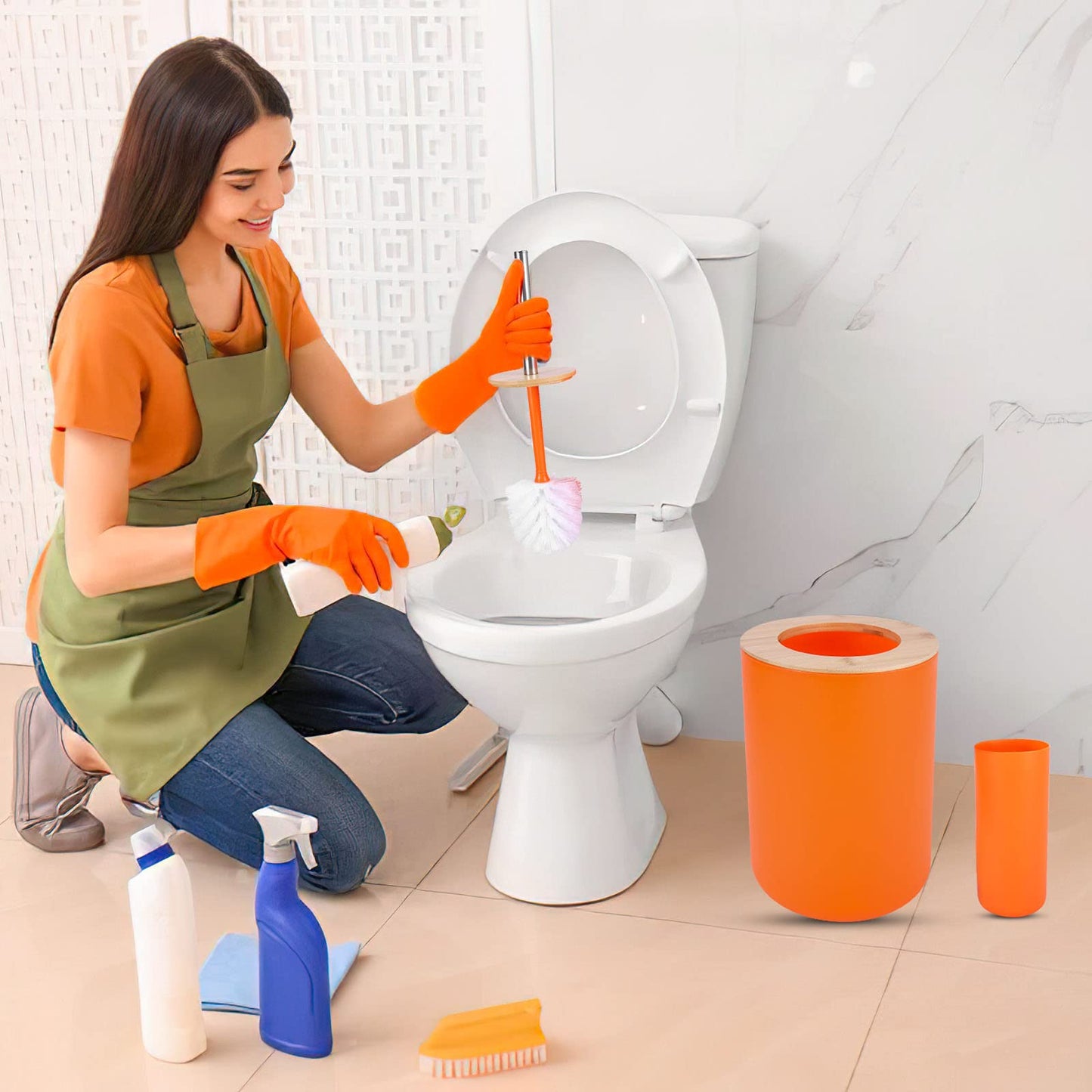 SLDIYWOW 9 Pieces Orange Bathroom Accessory Set, Plastic Bathroom Accessories Set with Trash Can,Soap Dispenser,Toothbrush Holder,Toothbrush Cup,Soap Dish,Toilet Brush and Q-tip Holders for Bathroom