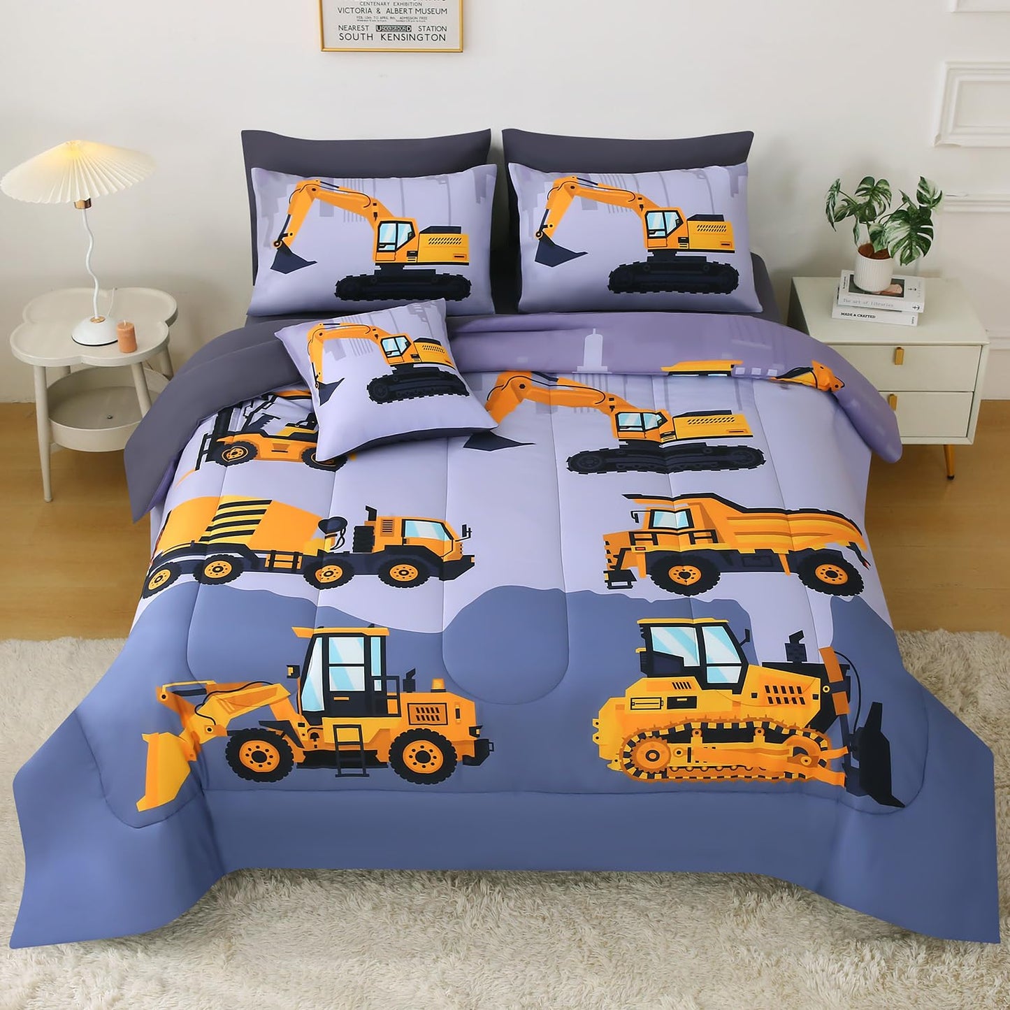 JQinHome Construction Full Bedding Sets for Boys Kids,8 Piece Bed in A Bag 3D Cartoon Car Excavator Tractor Comforter Set with Sheet Set,Trucks Cars
