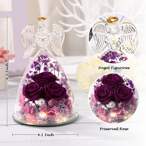 ANWEAO Mothers Day Mom Gifts for Her, Glass Angel Figurine with Three Roses Gifts,Preserved Forever Real Rose Gifts for Women, Angel Guardian with Rose Flower Gifts, Birthday Gifts for Women