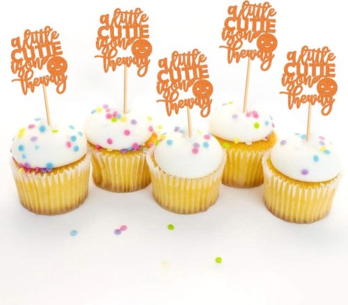 Ercadio Baby Shower Cupcake Toppers - 24 Pcs Orange "A Little Cutie Is On The Way" Decorations