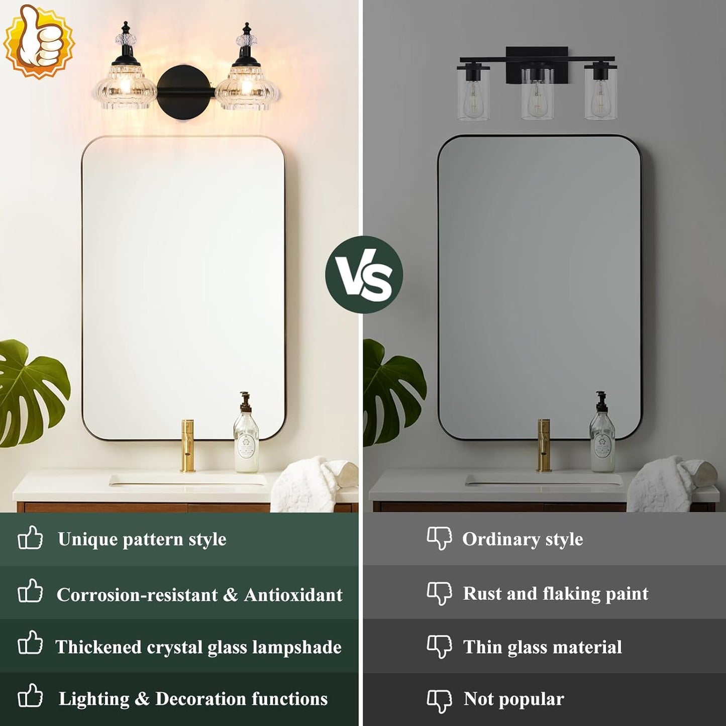 Bathroom Vanity Light Fixtures Over Mirror, Matte Black Vintage Glass Crystal Bathroom Vanity Lighting Fixtures, 2 Lights Wall Sconce for Bathroom Bedroom Kitchen Living Room Dressing Room
