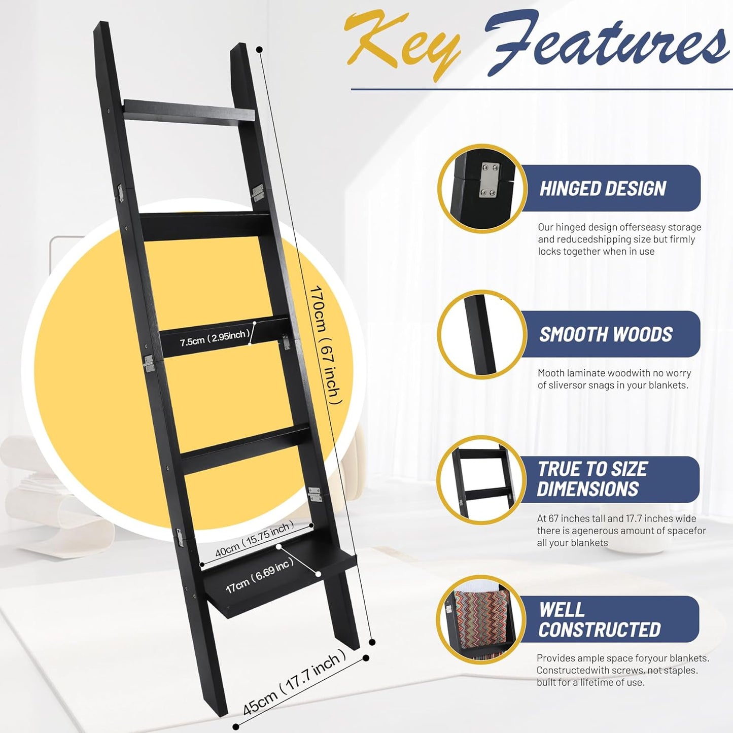 67" Wooden Blanket Ladders for The Living Room,5-Tier Ladder Shelf, Ladder Rack for Storage and Decor (Black)