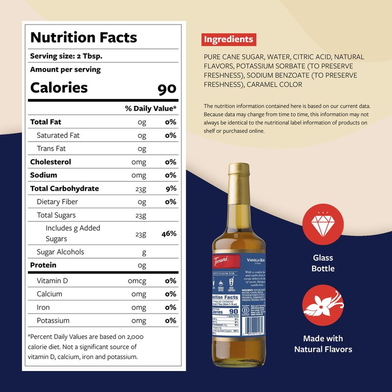 Torani Vanilla Bean Coffee Syrup for Drinks & Desserts, Glass Bottle with Pump Included, 25.4 Fl Oz