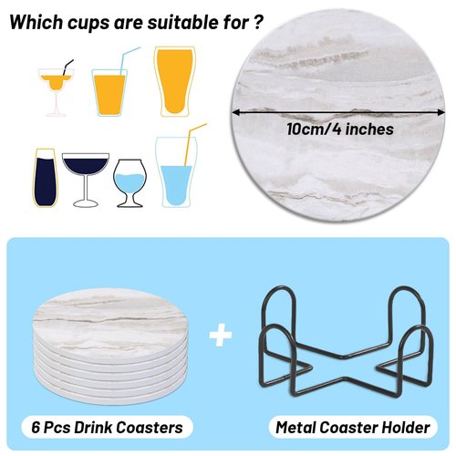 Acejoz Drink Coasters with Holder for Coffee Table, Absorbent Coaster Set of 6, Marble Style Ceramic Coaster for Wooden Table, Suitable for Kinds of Cups, Home Decor, 4 Inches