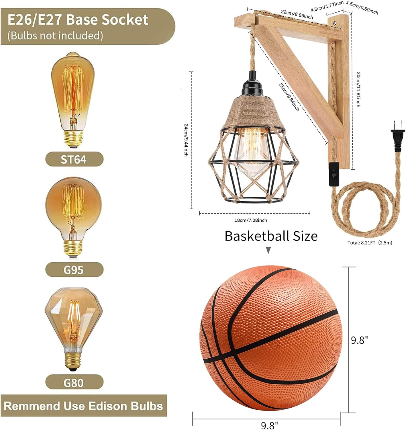 Frideko Wood Wall Sconces Set of Two Plug in, Rustic Wall Lamp with Plug in Cord, Farmhouse Wall Light Fixtures with 8.21FT On/Off Switch Cord, Indoor Sconces Wall Lighting for Bedroom Living Room