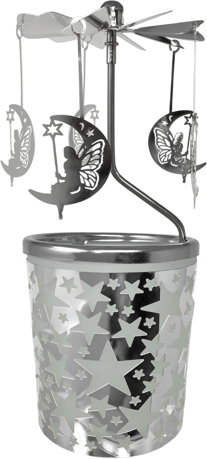 Spinning Moon & Stars Candle Holder - Silver Metal Rotating Tealight Stand - 6.25” Scandinavian Design