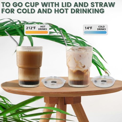 HIGIINC Iced Coffee Cups - 16 OZ Unbreakable Glasses Set with Lids & Straws | Reusable & Dishwasher Safe