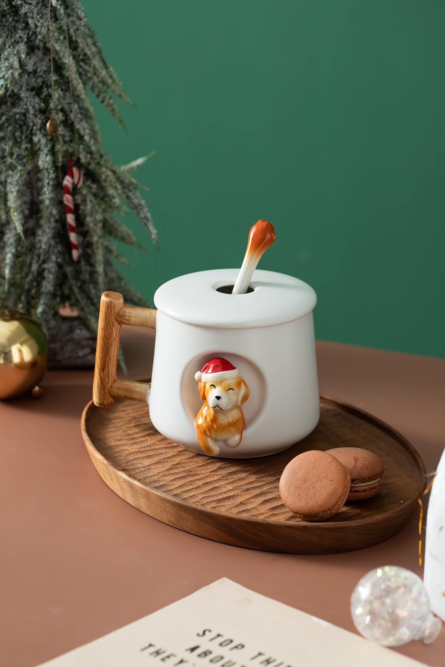 DIHOclub Ceramic Coffee Mug with Lid and Matching Spoon,Novelty 3D Golden Retriever Pattern Mug for Tea Milk Chocolate Juice,Cute Cup for Dog Lovers,Perfect Christmas Gifts-14 Ounces(white)