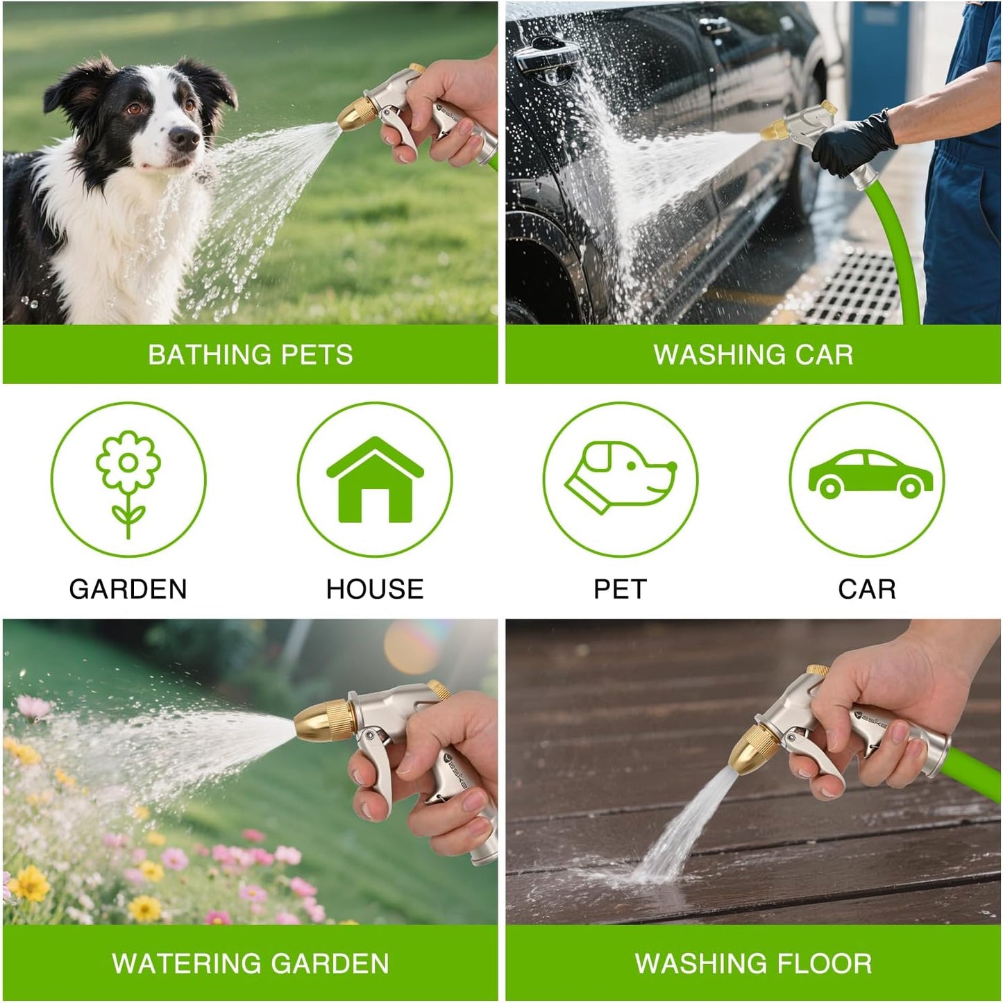 Yesker Garden Hose Nozzle - Heavy Duty 100% Metal Brass Sprayer with 4 Adjustable Spray Patterns for Outdoor Use