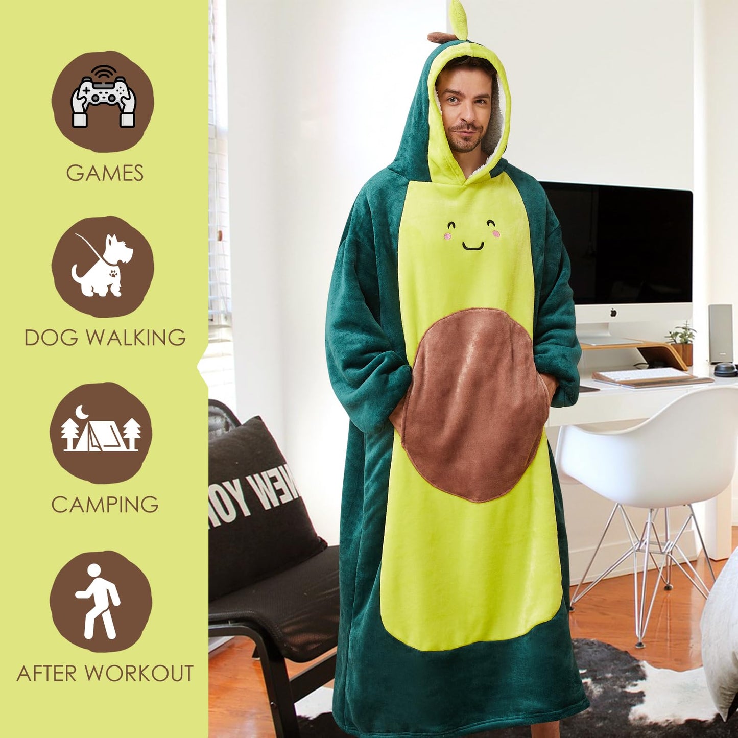 BRAFFWNE Avocado Blanket Hooded, Oversized Wearable Blanket Hoodie, Coverage with Easy Movement, Warm and Cozy Flannel Blanket, Gift for Kid, Teens, Men and Women
